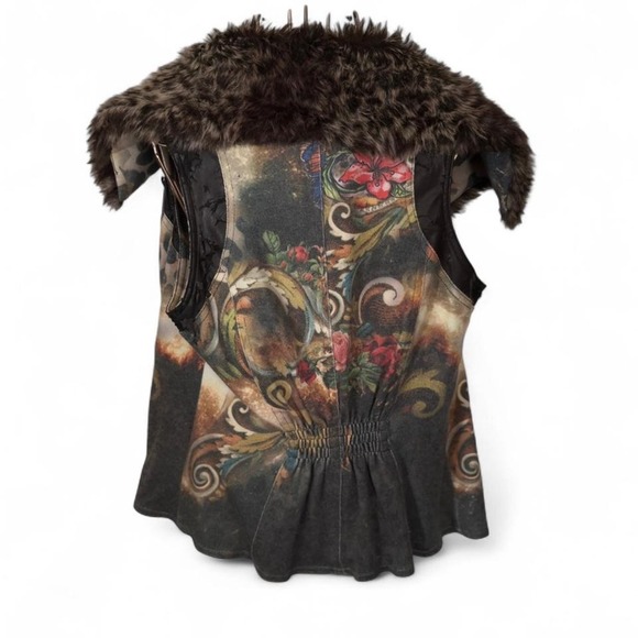 Alberto Makali Faux Fur Collar Vest Size L Y2K Baroque Print, Flaw Read - Picture 2 of 6